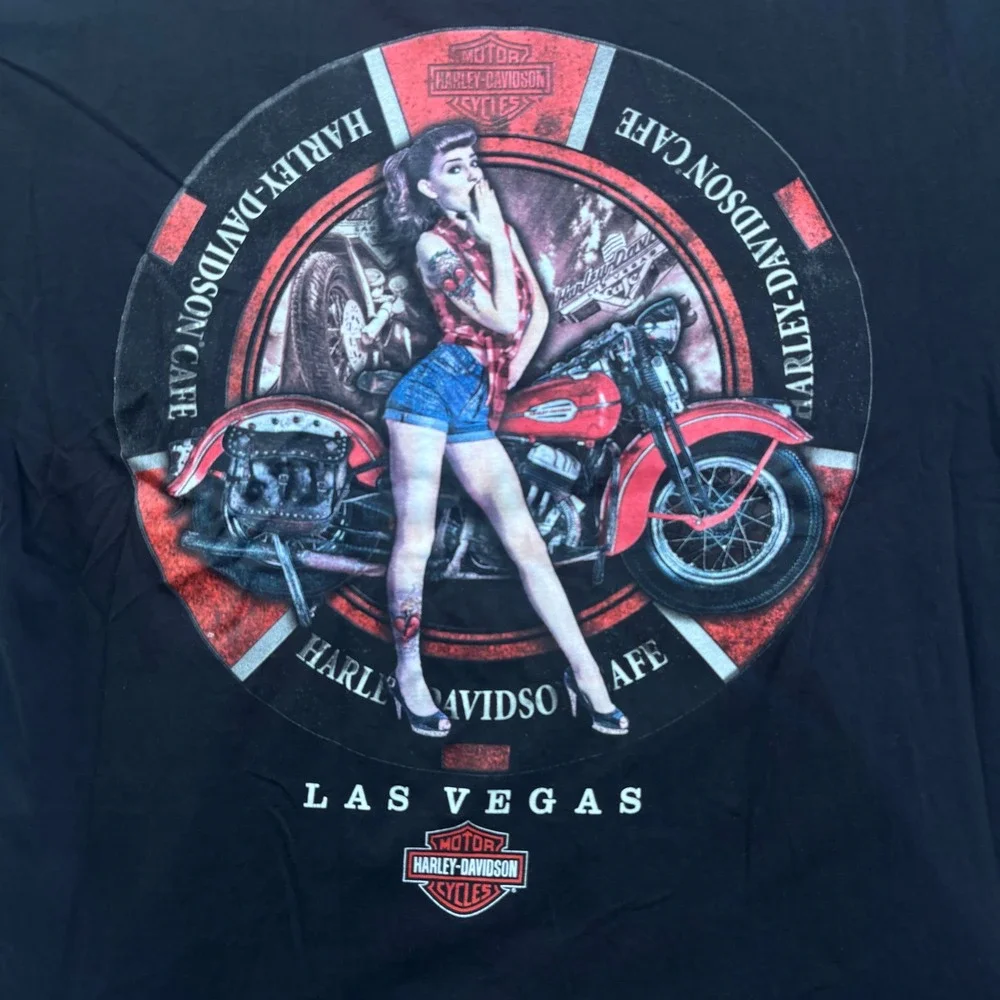 Vtg Harley‎ Davidson Cafe Las Vegas Pin Up Girl Graphic Muscle Tee Black Mens XL